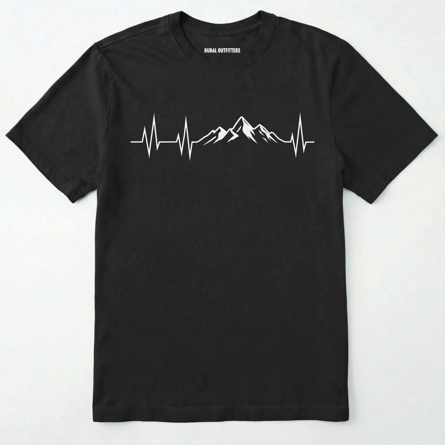 Black mountain heartbeat t-shirt featuring heartbeat and mountain peaks on a white background.