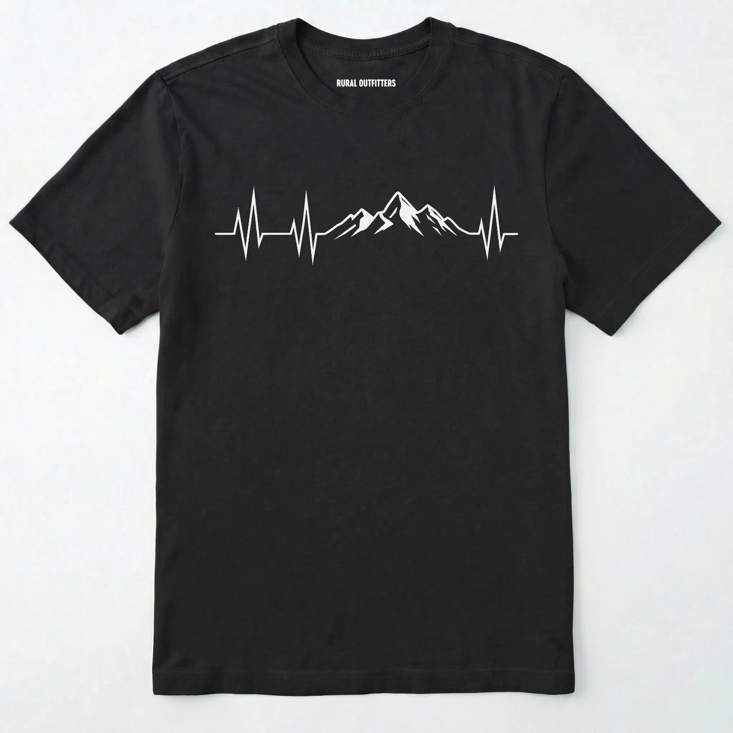 Black mountain heartbeat t-shirt featuring heartbeat and mountain peaks on a white background.