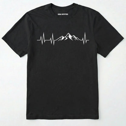Black mountain heartbeat t-shirt featuring heartbeat and mountain peaks on a white background.