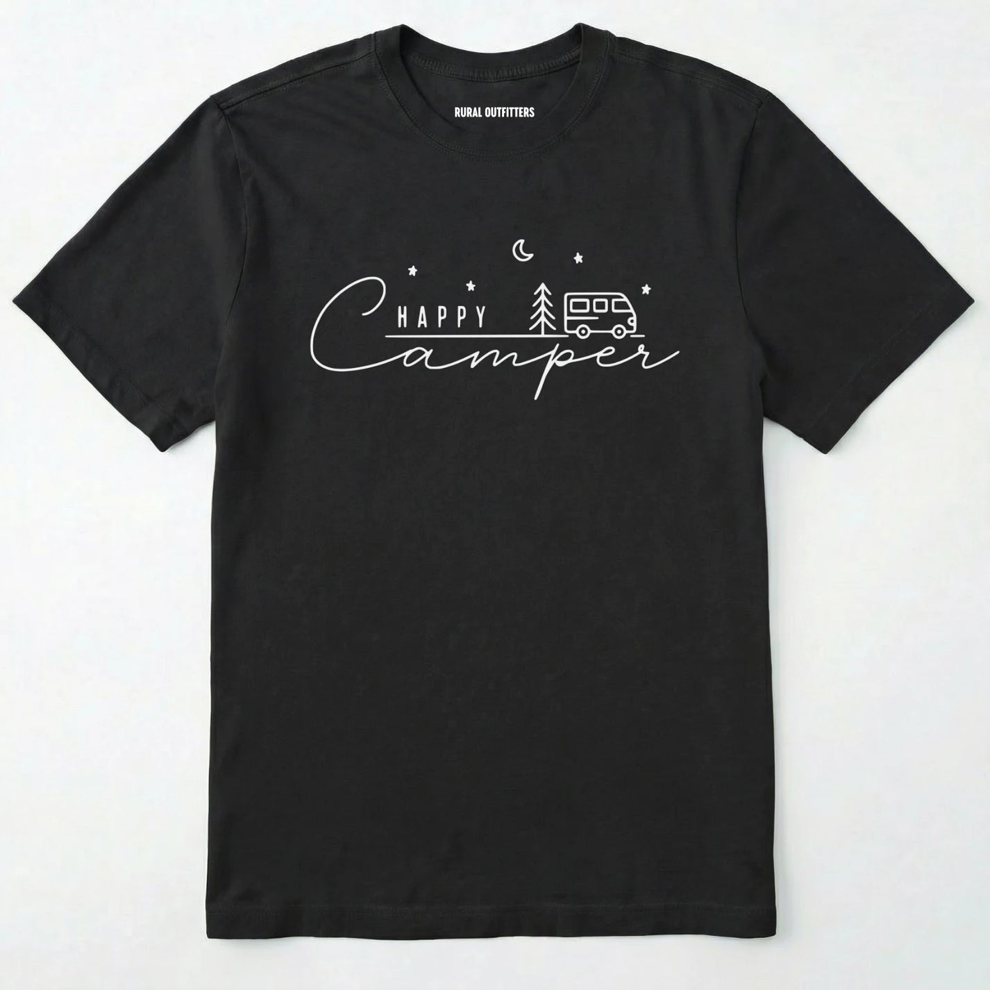 Black happy camper tee with minimalist camper and night sky design on a white background