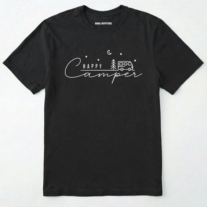 Black happy camper tee with minimalist camper and night sky design on a white background