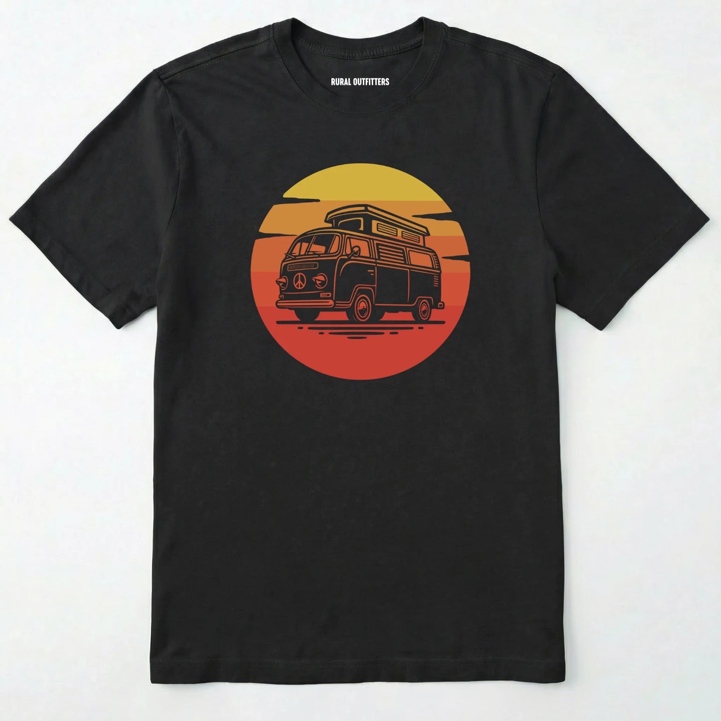 Black camper shirt featuring a vintage rv design with a warm sunset.