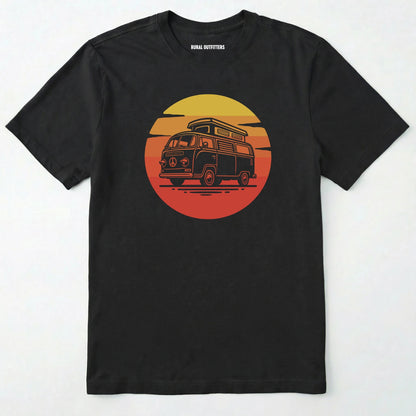 Black camper shirt featuring a vintage rv design with a warm sunset.