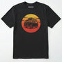 Black camper shirt featuring a vintage rv design with a warm sunset.