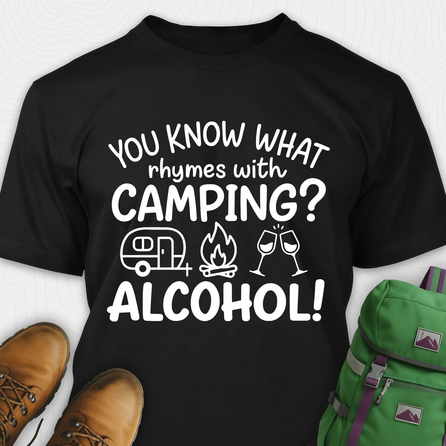 Black you know what rhymes with camping alcohol shirt with camper, fire, and wine glass graphics