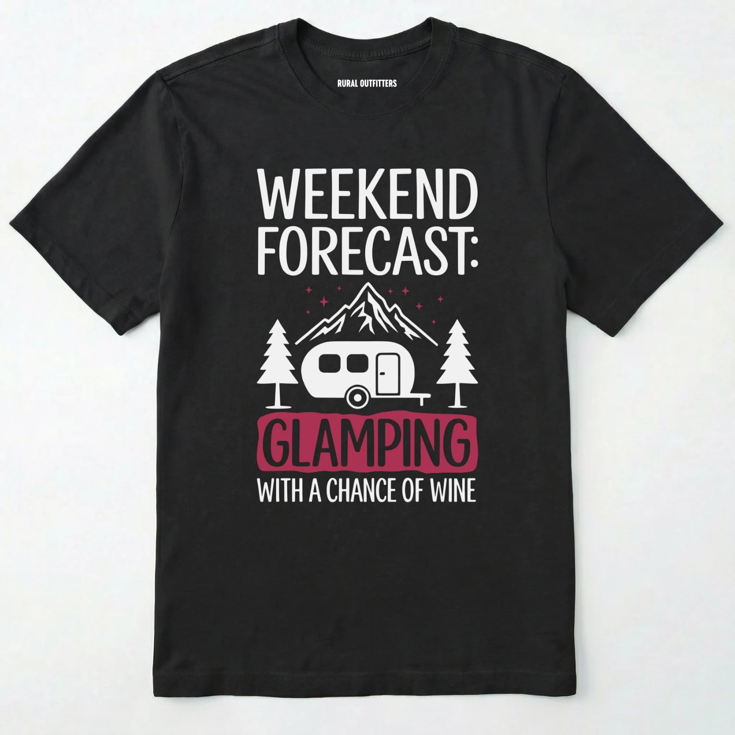 Black glamping shirt with camping trailer and forest illustration on a white background.