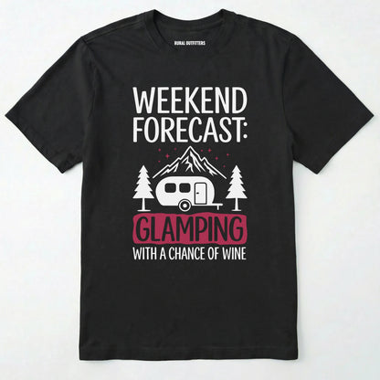 Black glamping shirt with camping trailer and forest illustration on a white background.