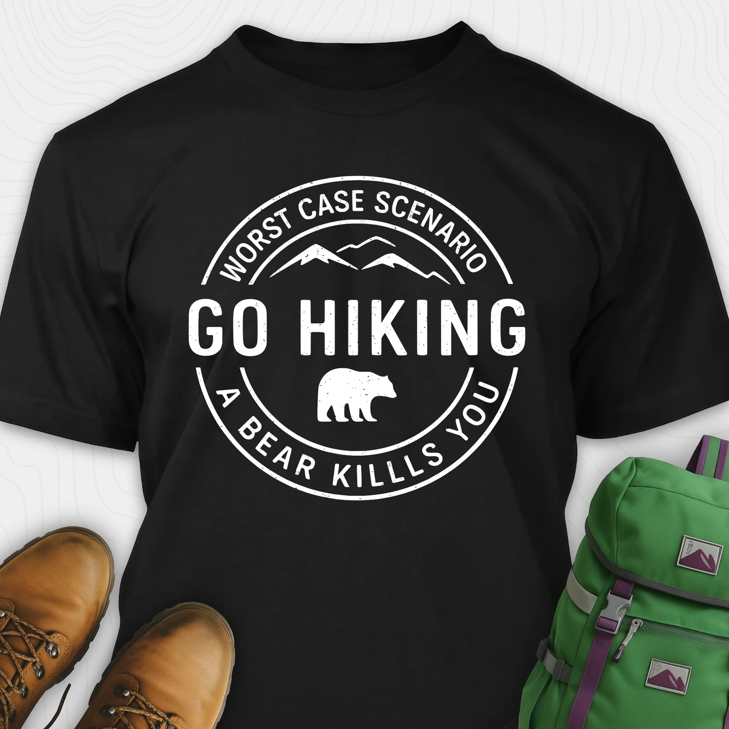 Black funny hiking shirt with circular go hiking graphic and bear illustration