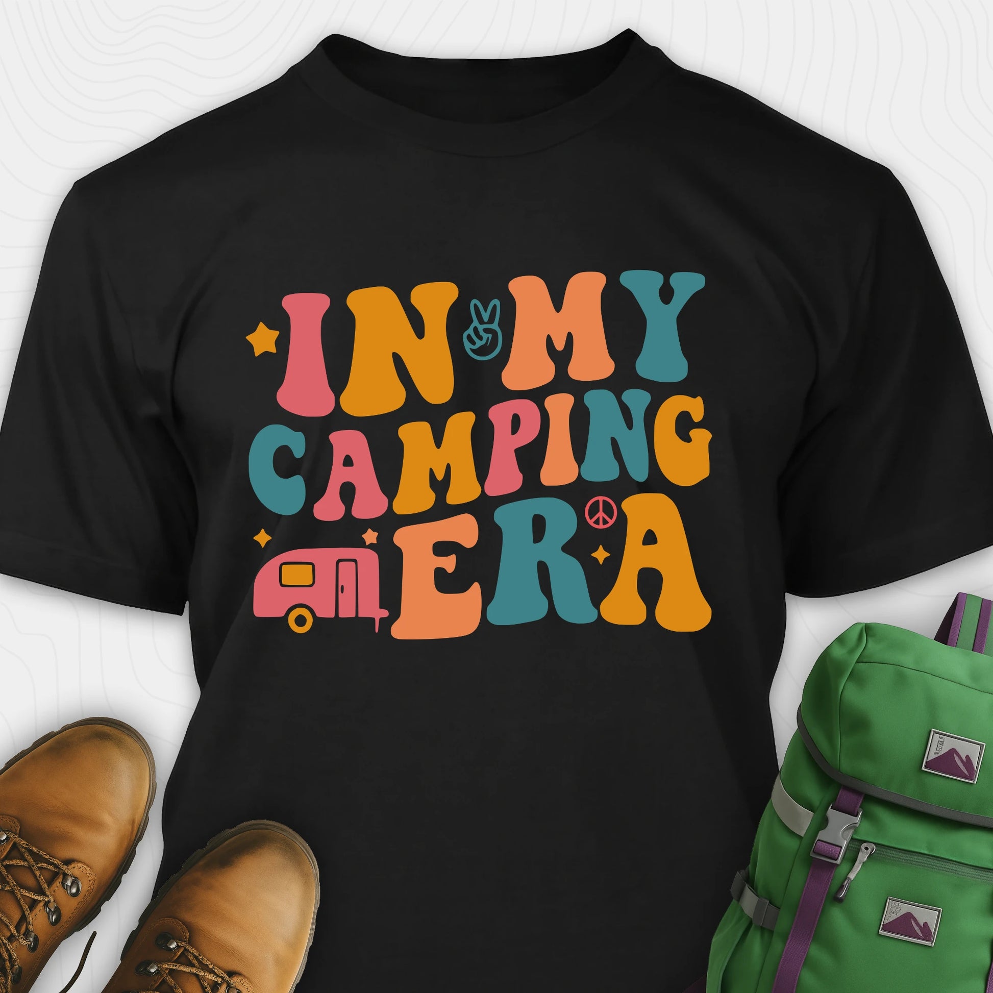 Black cute camping shirt with colorful retro “in my camping era” graphic