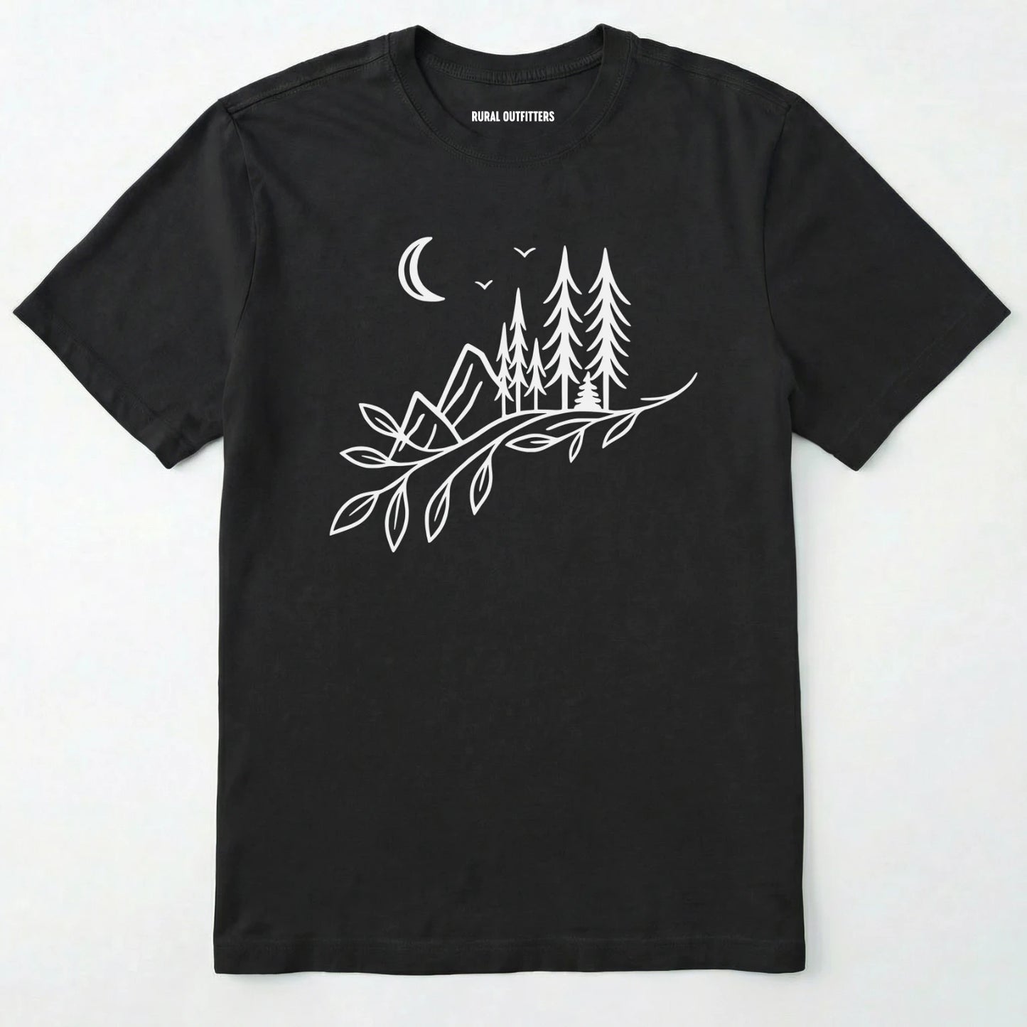 Black nature graphic t-shirt showing mountains, pine trees, and moon line art on a white background.