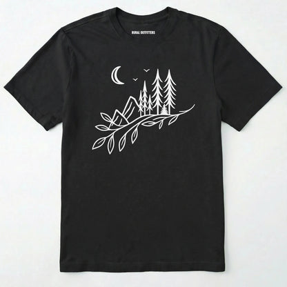 Black nature graphic t-shirt showing mountains, pine trees, and moon line art on a white background.
