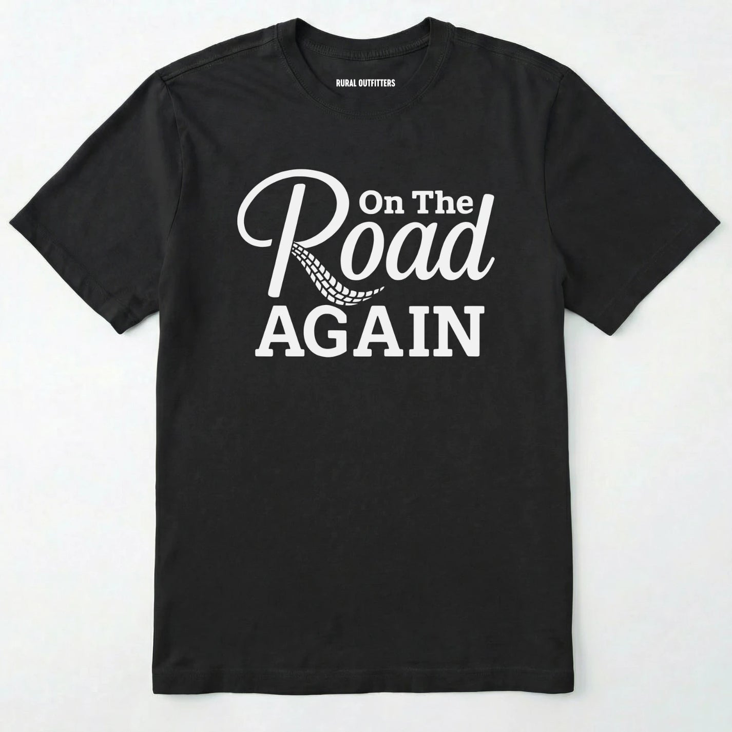 Black road trip t-shirt with ⊜on the road again⊝ text on a white background.