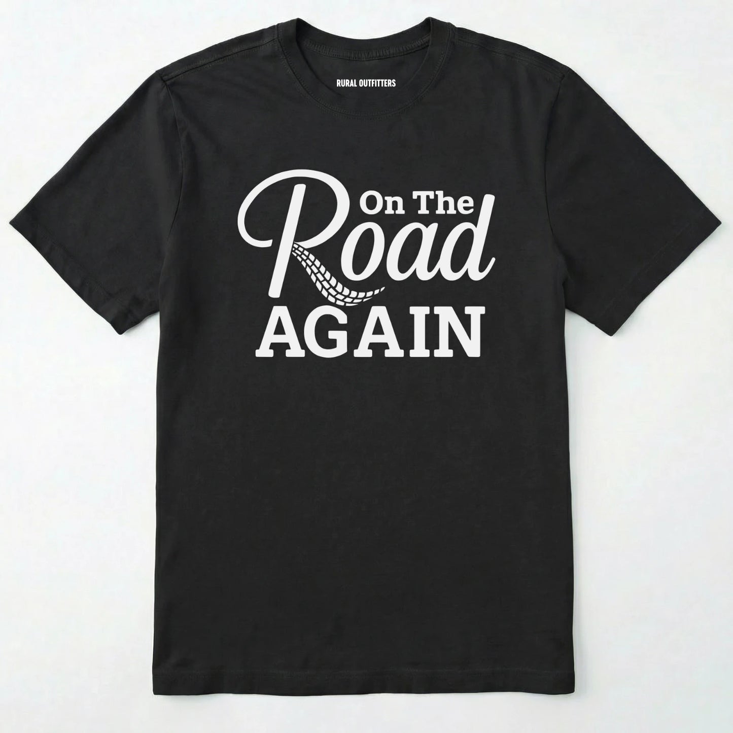 Black road trip t-shirt with ⊜on the road again⊝ text on a white background.