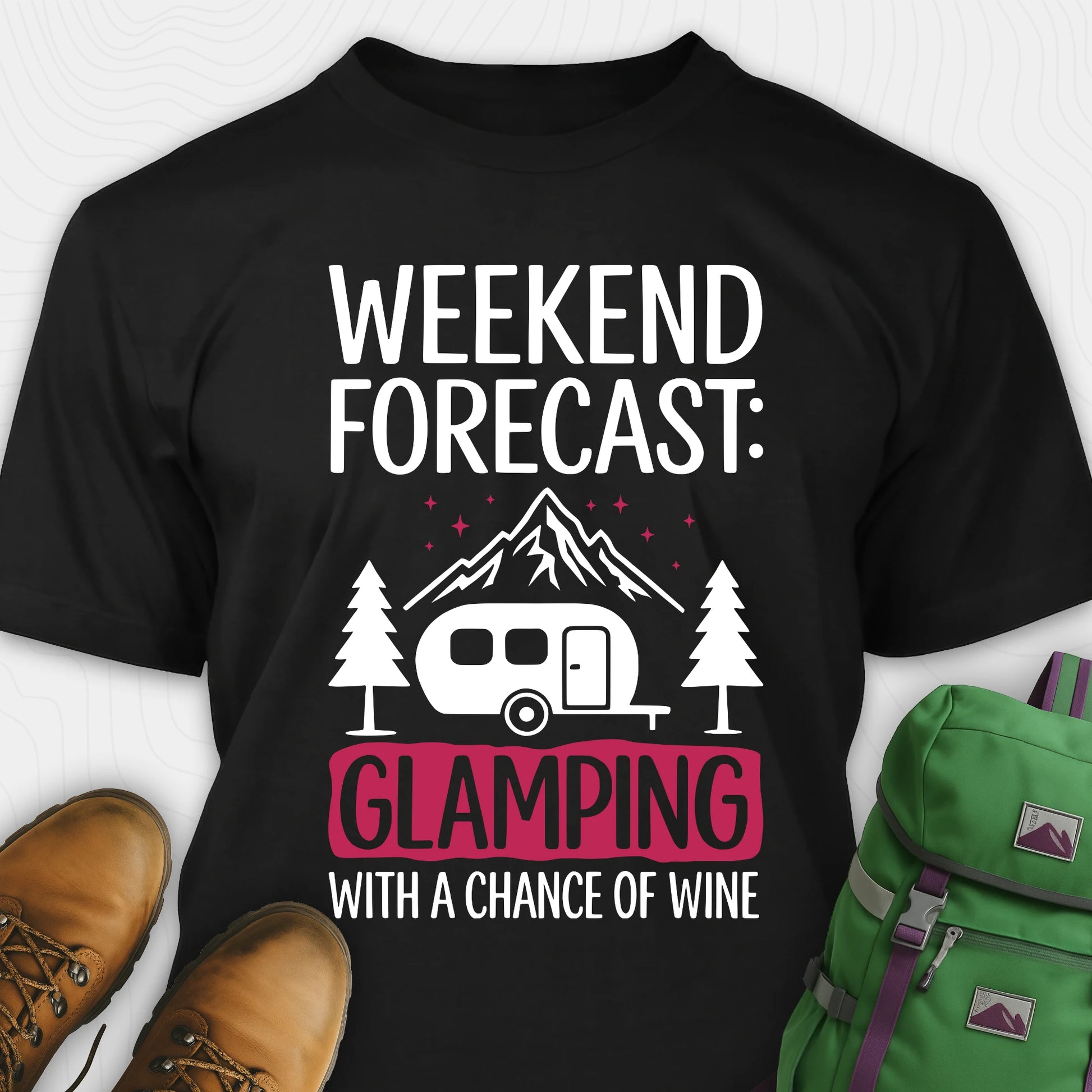 Black glamping shirt with camping trailer and forest illustration