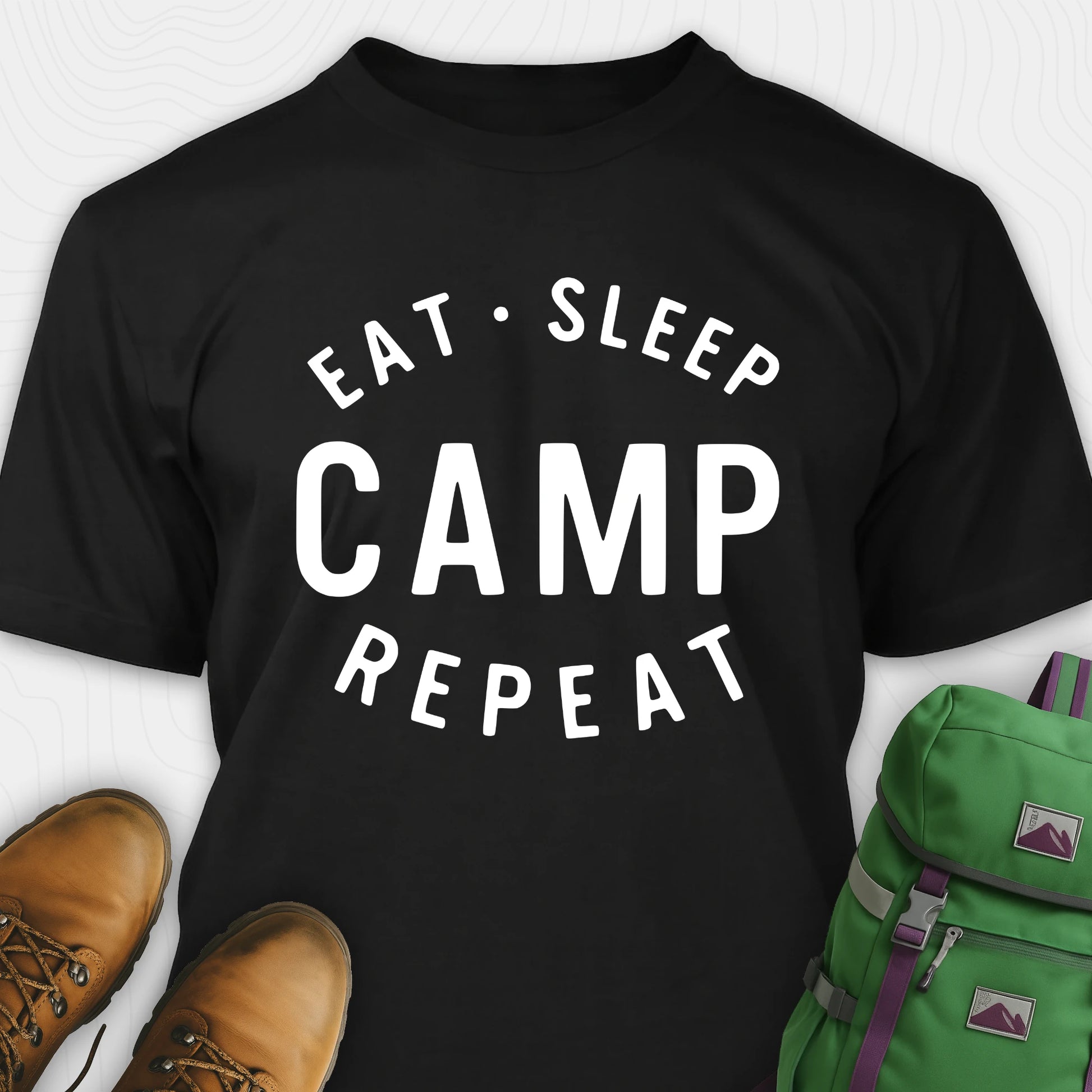 Black eat sleep camp repeat t-shirt with bold text