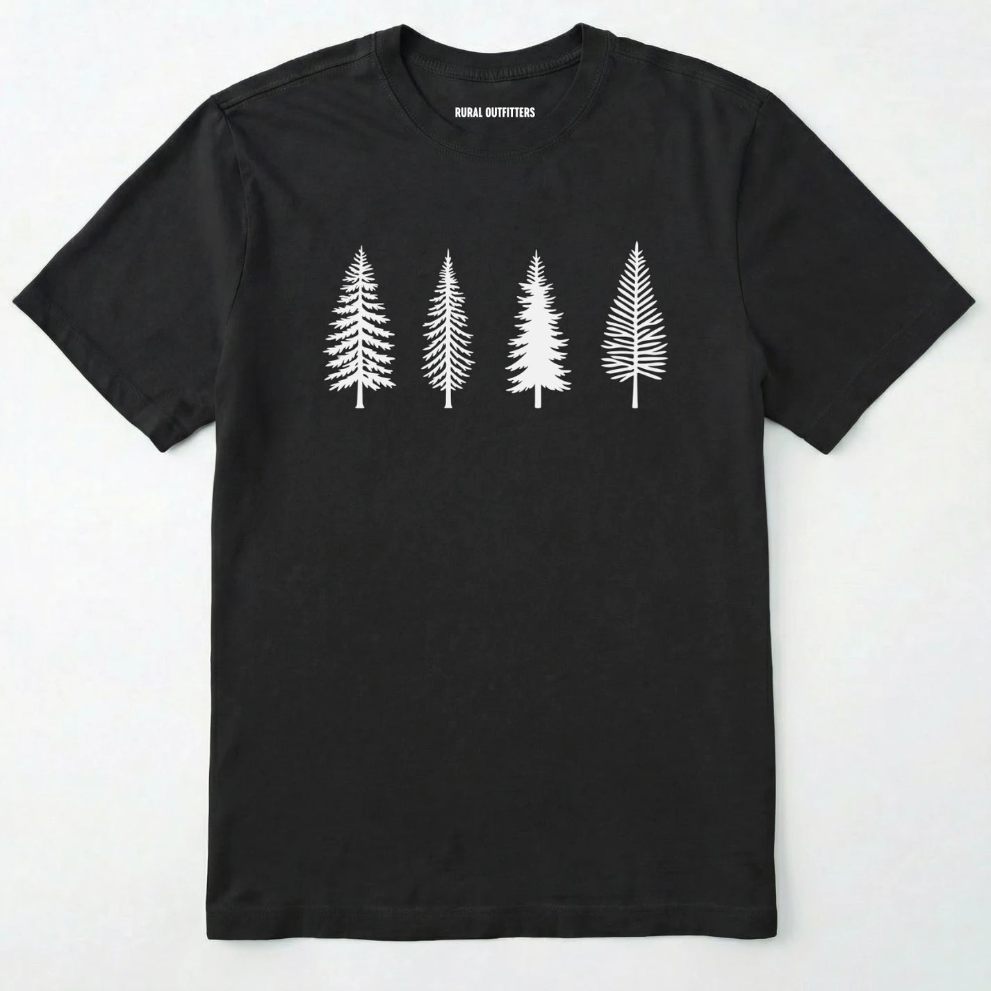 Black pine tree shirt with minimalist forest graphic on a plain white background