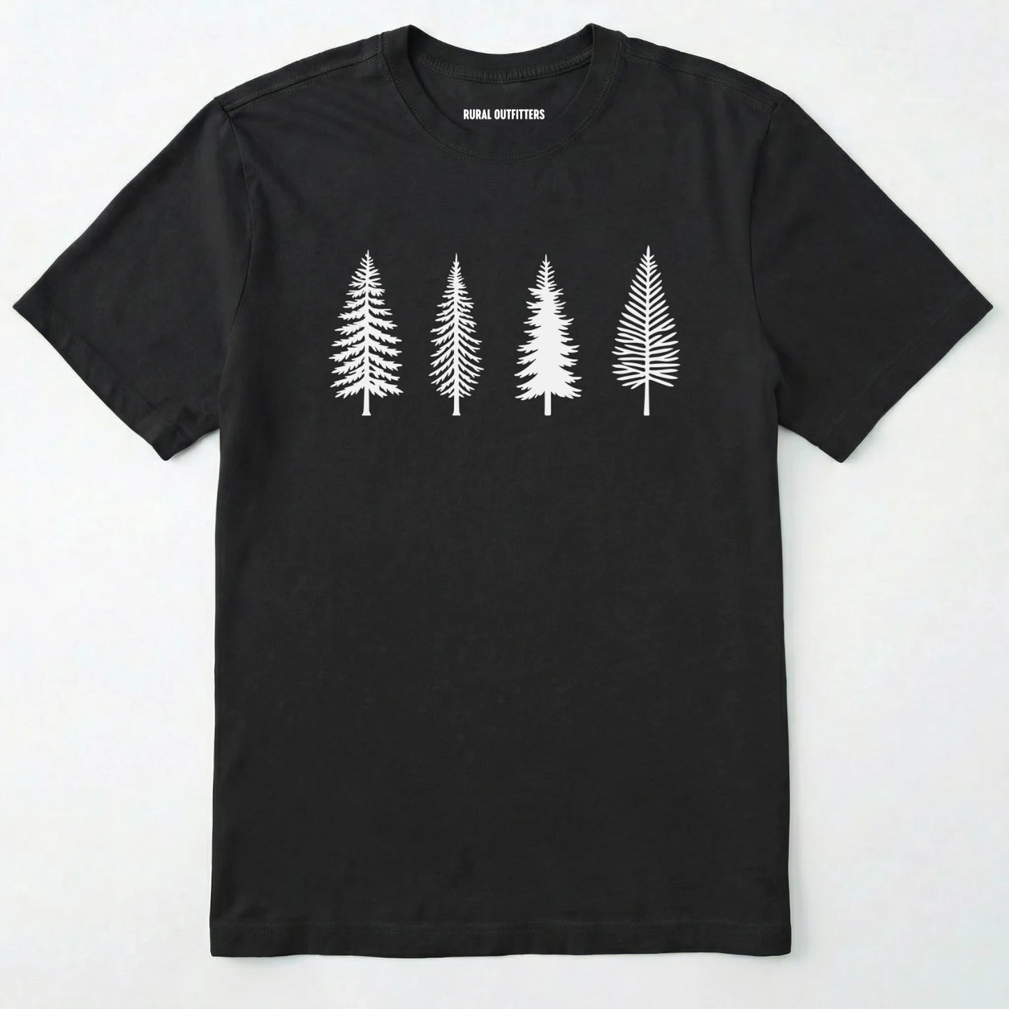 Black pine tree shirt with minimalist forest graphic on a plain white background