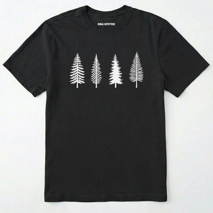 Black pine tree shirt with minimalist forest graphic on a plain white background