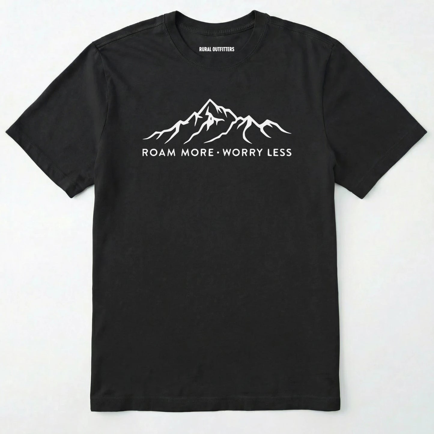 Black rocky mountain shirt with a white mountain graphic and text 'roam more worry less' on a white background