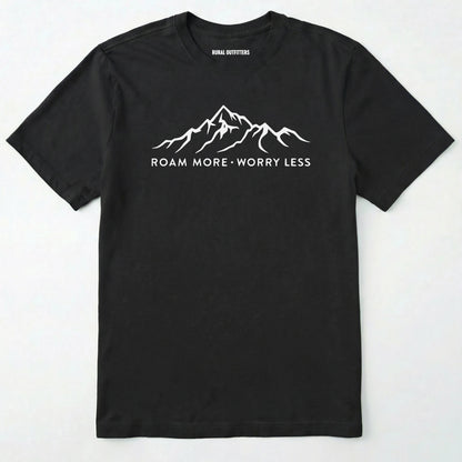 Black rocky mountain shirt with a white mountain graphic and text 'roam more worry less' on a white background