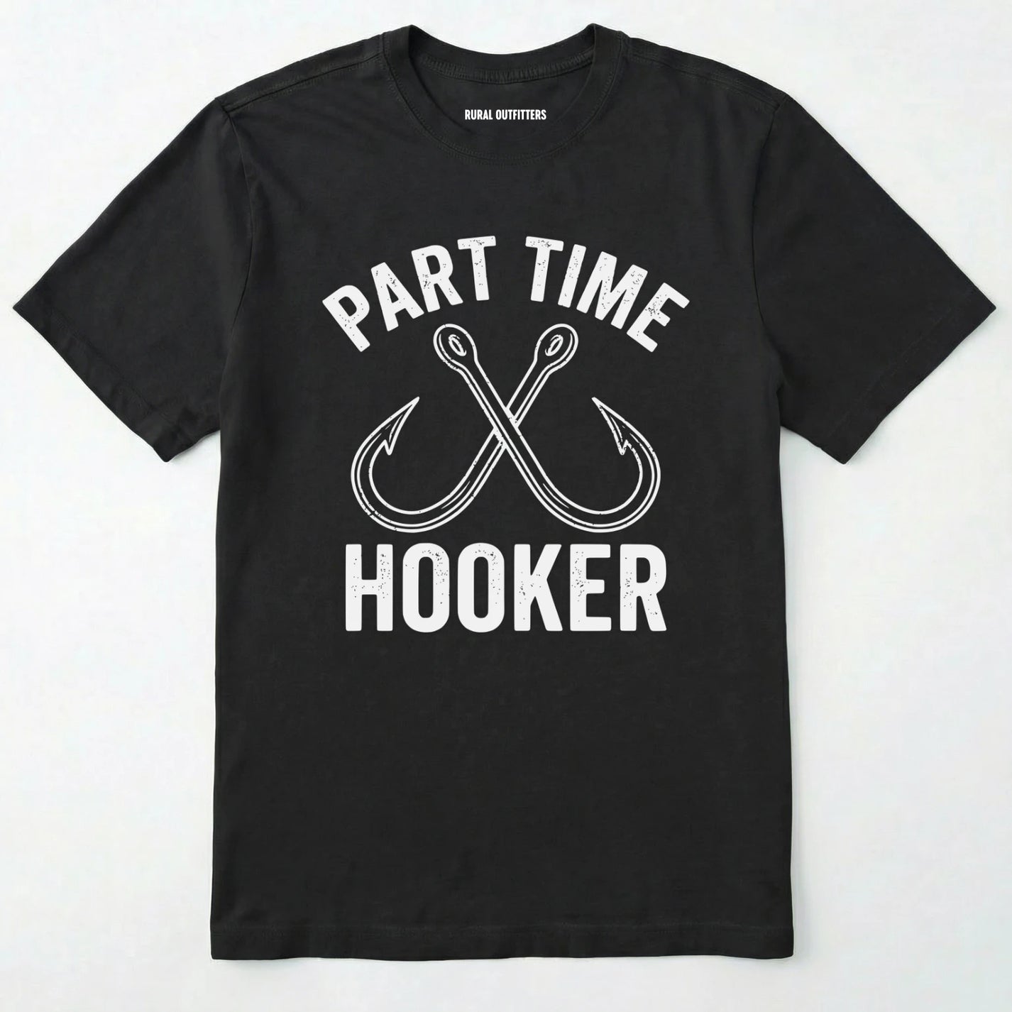 Black t-shirt with 'part time hooker' text and fish hooks design on a white background