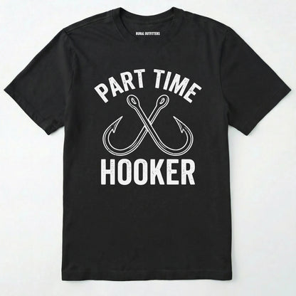 Black t-shirt with 'part time hooker' text and fish hooks design on a white background