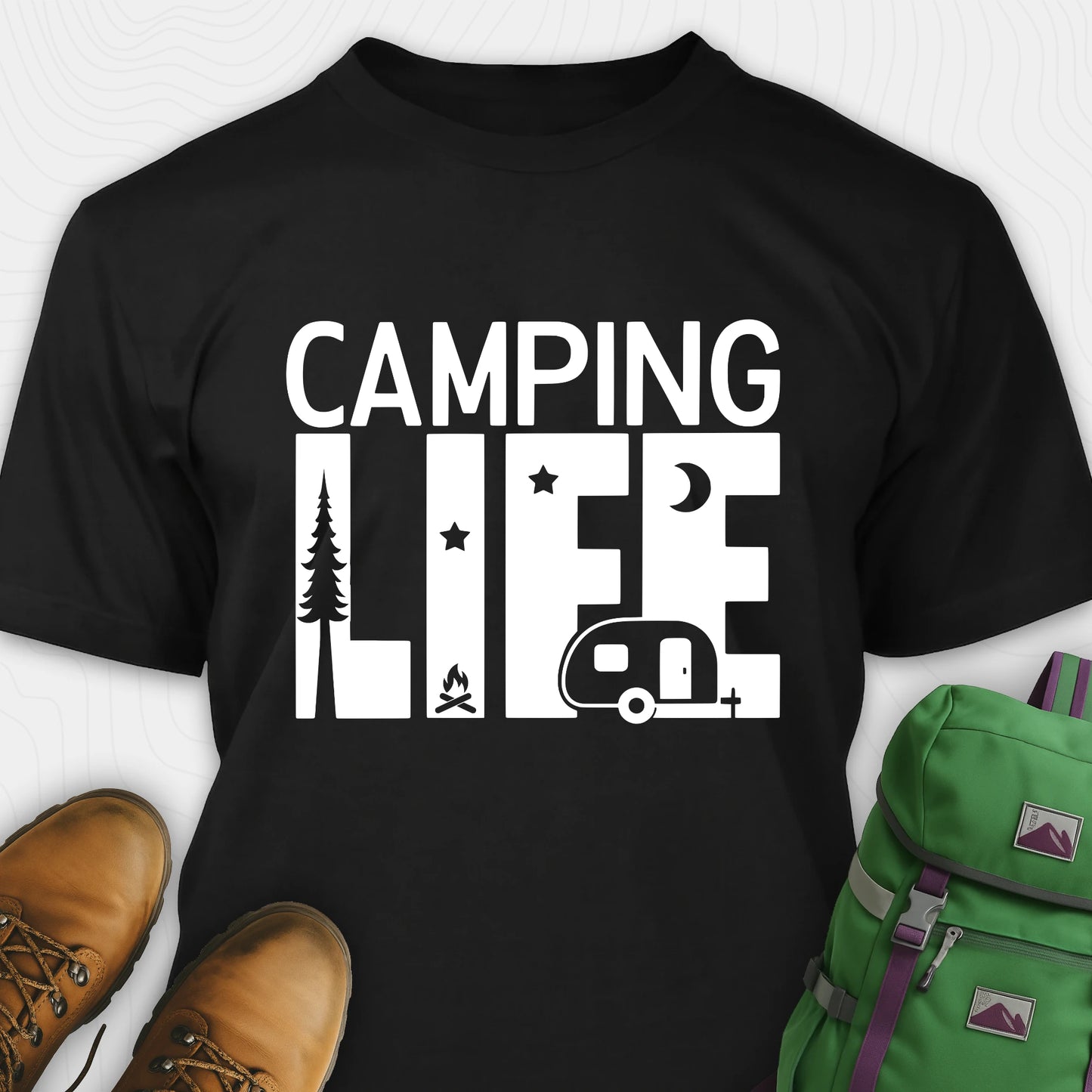 Black camp life shirt featuring camper and pine tree design