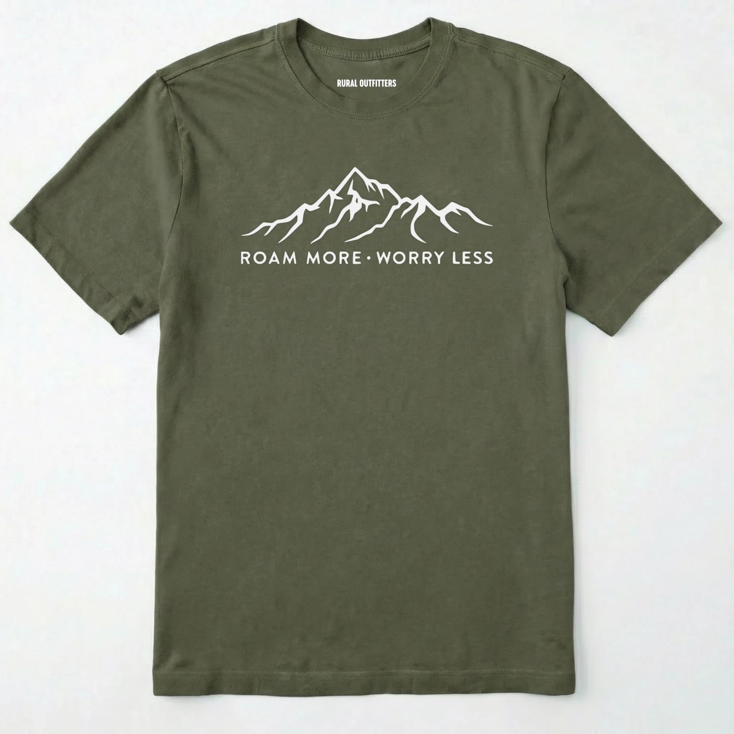 Military Green rocky mountain shirt with a white mountain graphic and text 'roam more worry less' on a white background