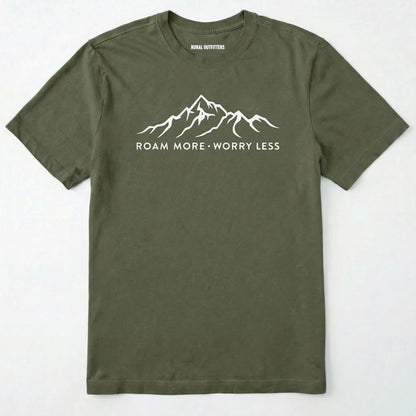 Military Green rocky mountain shirt with a white mountain graphic and text 'roam more worry less' on a white background