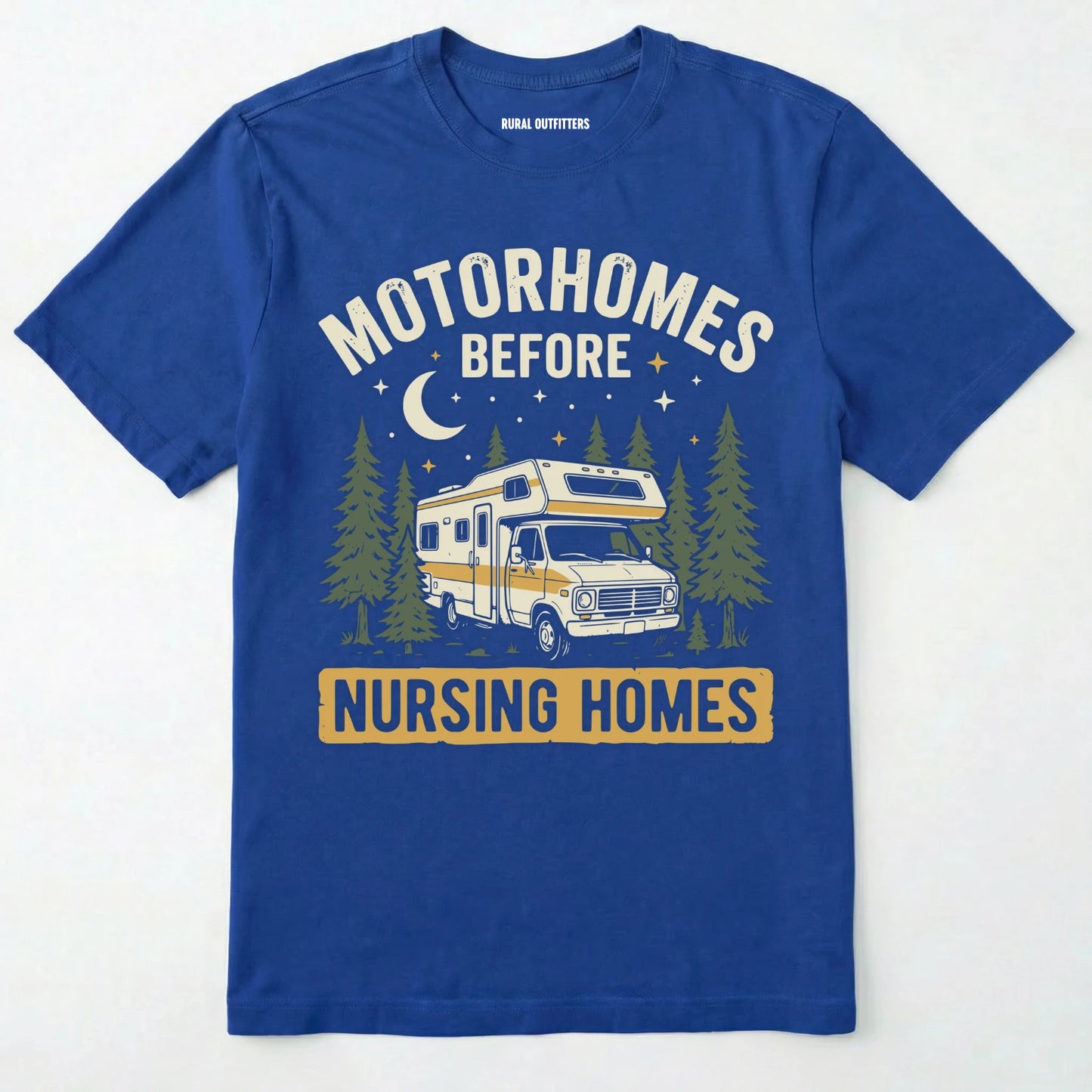 Royal blue t-shirt with a graphic design of a motorhome and text on a white background