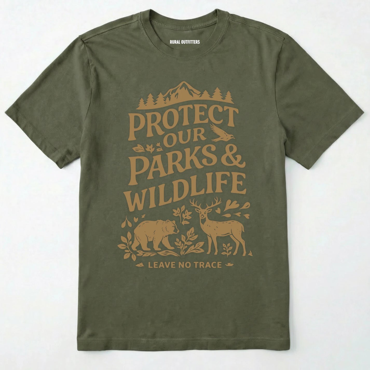 Military Green t-shirt with 'protect our parks & wildlife' text and nature-themed graphics on a white background