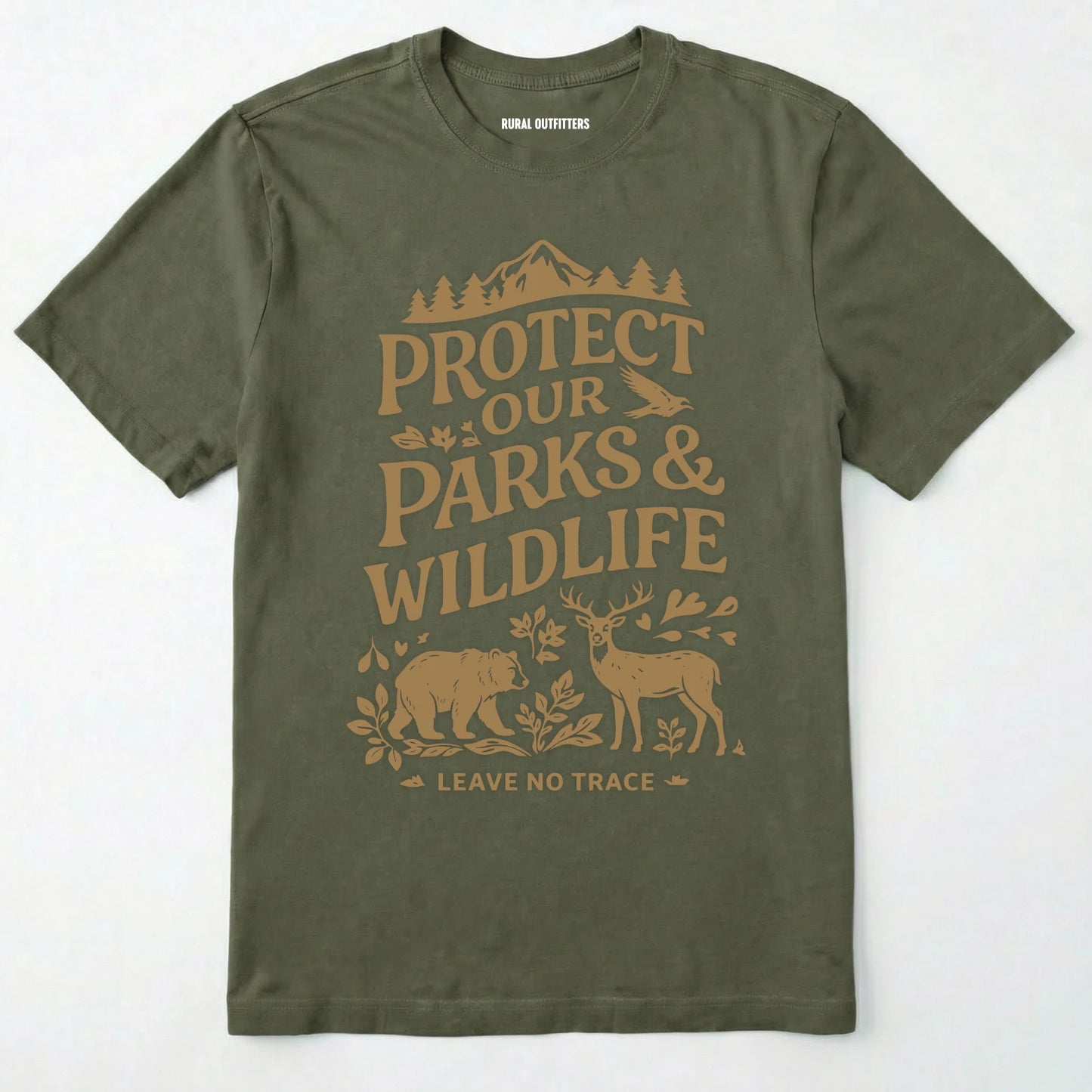 Military Green t-shirt with 'protect our parks & wildlife' text and nature-themed graphics on a white background