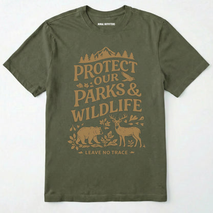 Military Green t-shirt with 'protect our parks & wildlife' text and nature-themed graphics on a white background