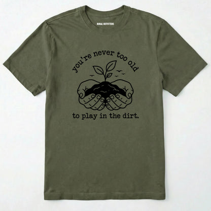 Military Green t-shirt with black graphic and text on a white background