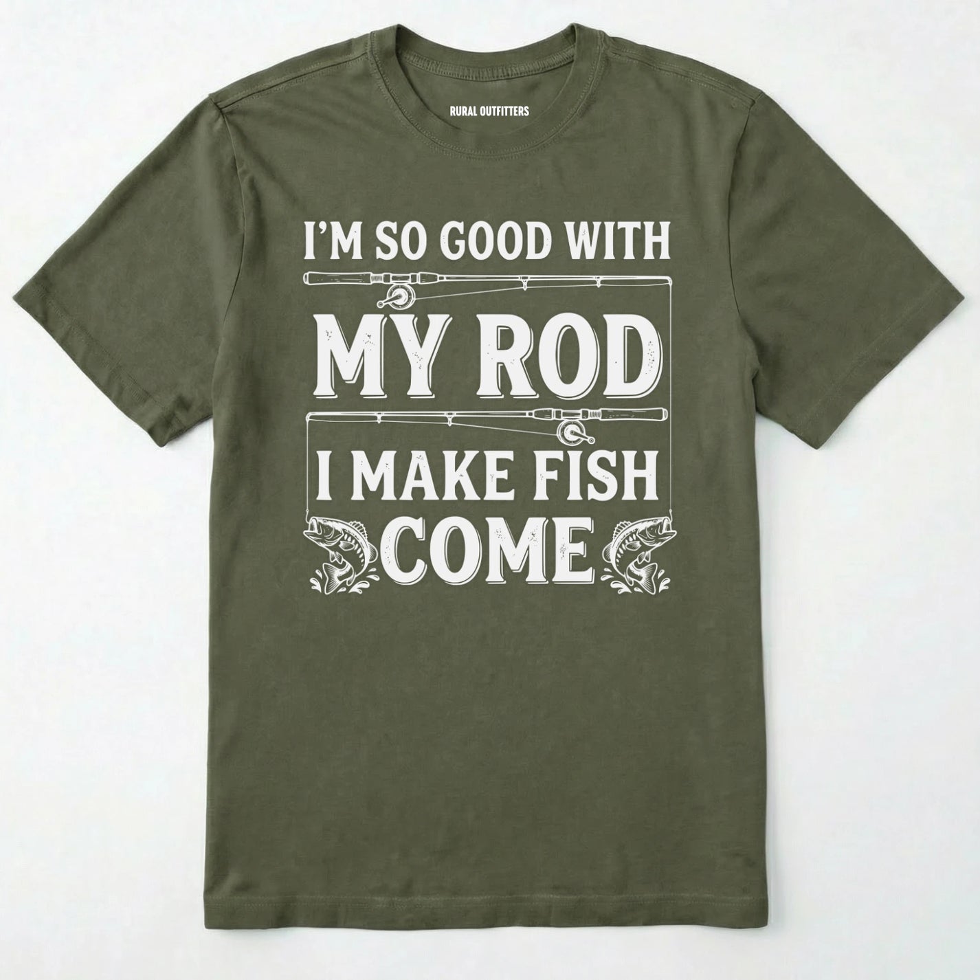 Military Green t-shirt with white text and fishing graphics on a white background