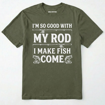 Military Green t-shirt with white text and fishing graphics on a white background