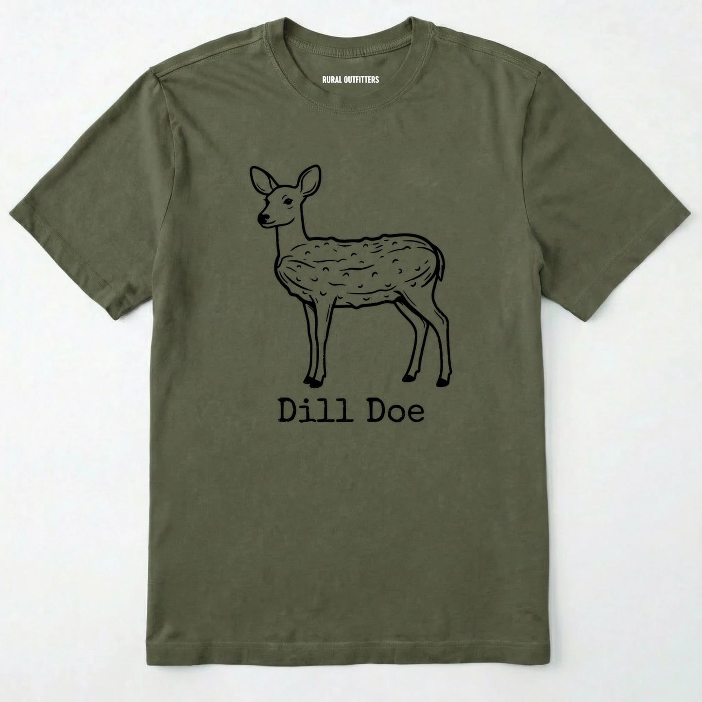 Military Green t-shirt with a deer graphic and 'dill doe' text on a white background