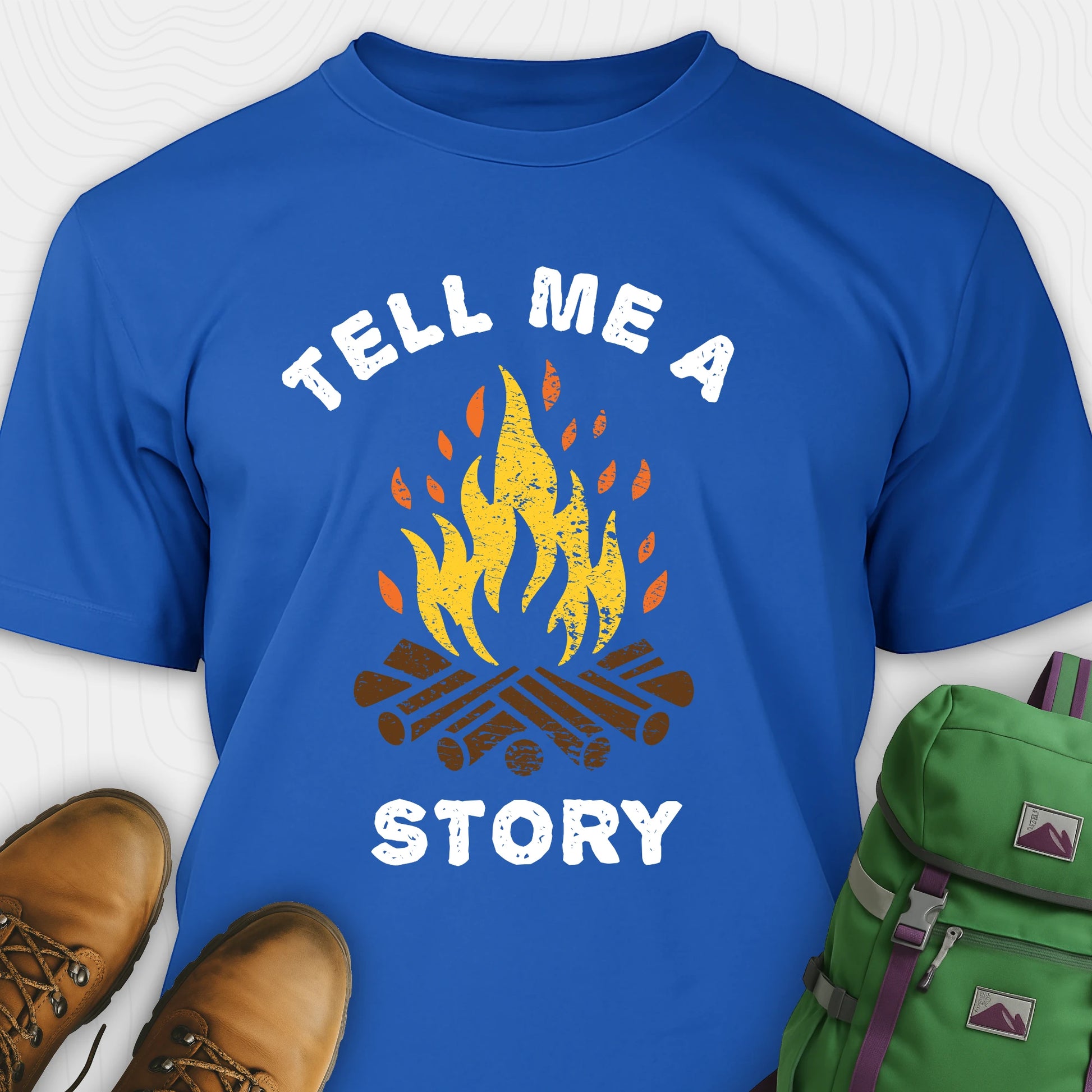 Blue bonfire tee with campfire graphic