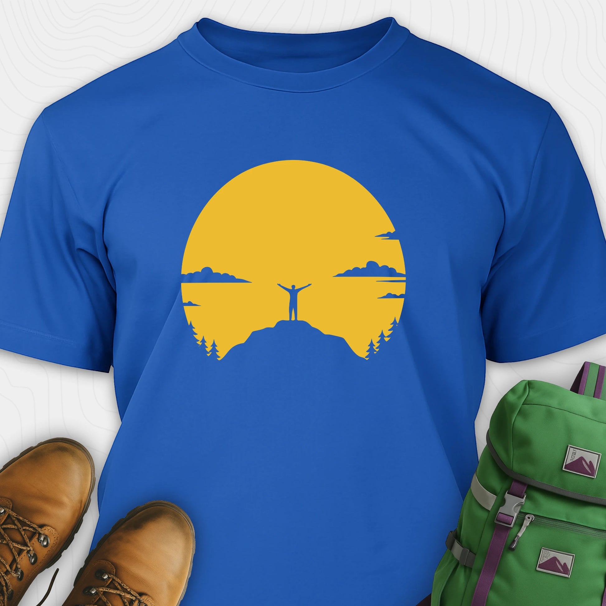 Royal climbing shirt with yellow sunset and mountain climber silhouette