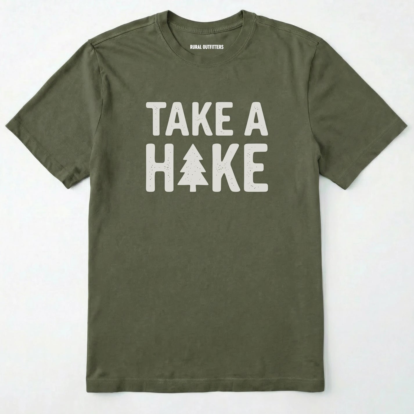 Military Green t-shirt with 'take a hike' text on a white background