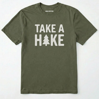 Military Green t-shirt with 'take a hike' text on a white background