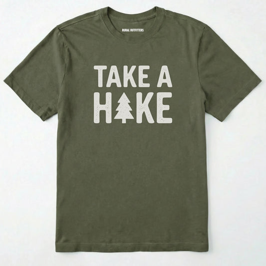 Military Green t-shirt with 'take a hike' text on a white background