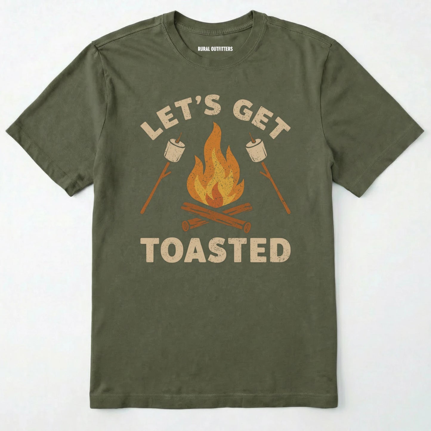 Military Green let⊙s get toasted shirt with campfire and roasting marshmallow graphic on a white background
