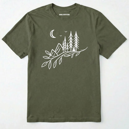 Military Green nature graphic t-shirt showing mountains, pine trees, and moon line art on a white background.