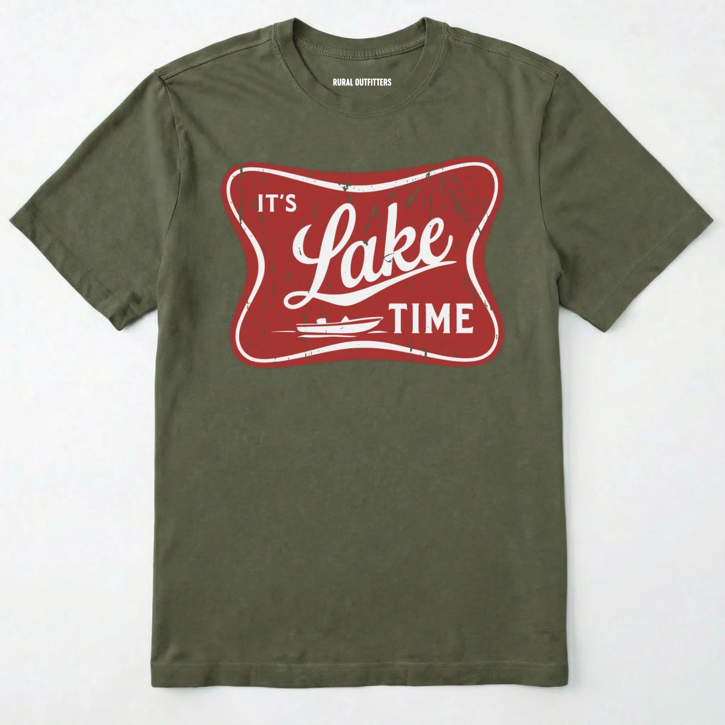Military Green lake t-shirt with retro ⊜it⊙s lake time⊝ graphic, featuring a red vintage lake badge design, nature-themed on a white background.