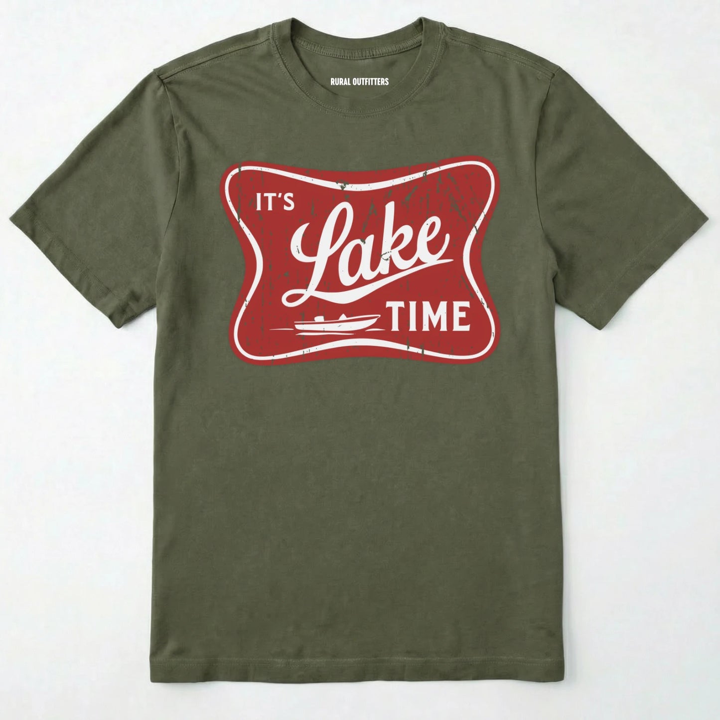Military Green lake t-shirt with retro ⊜it⊙s lake time⊝ graphic, featuring a red vintage lake badge design, nature-themed on a white background.
