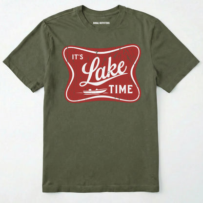Military Green lake t-shirt with retro ⊜it⊙s lake time⊝ graphic, featuring a red vintage lake badge design, nature-themed on a white background.