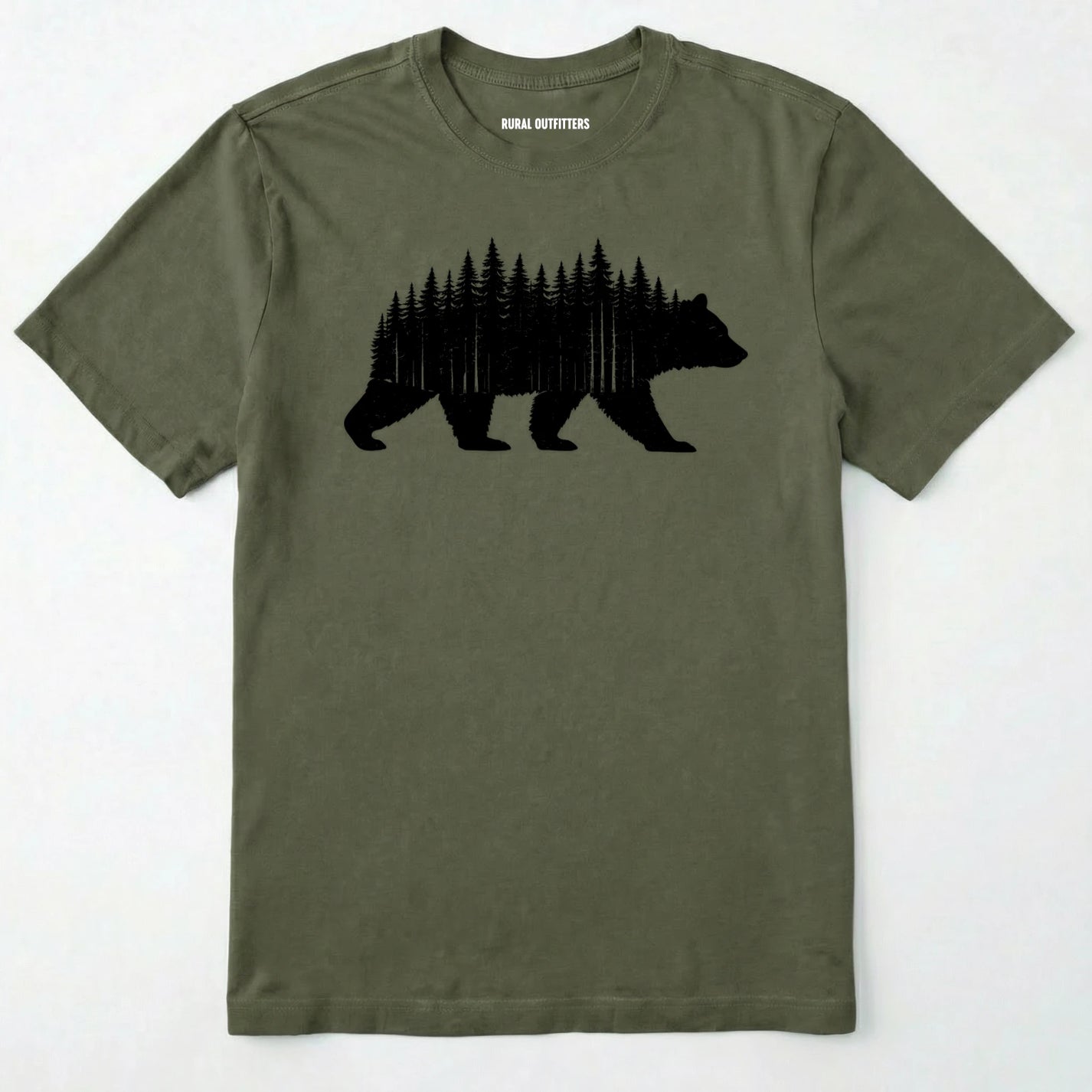 Military Green t-shirt with a black bear and forest graphic on a white background