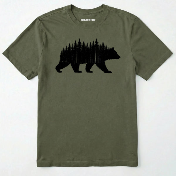 Military Green t-shirt with a black bear and forest graphic on a white background