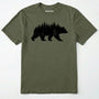 Military Green t-shirt with a black bear and forest graphic on a white background